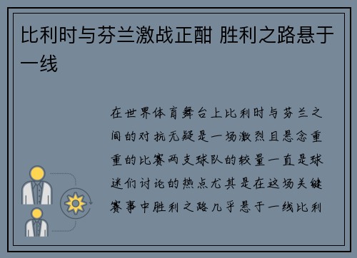 比利时与芬兰激战正酣 胜利之路悬于一线